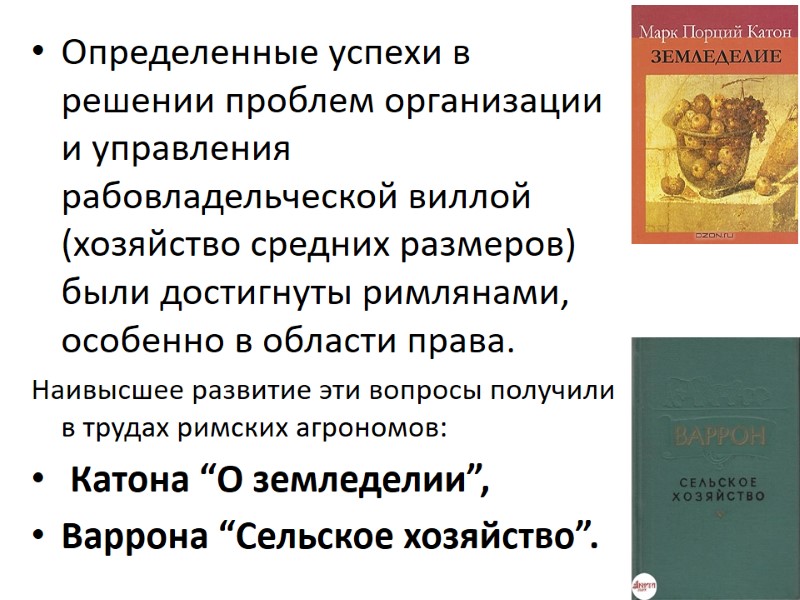 Определенные успехи в решении проблем организации и управления рабовладельческой виллой (хозяйство средних размеров) были